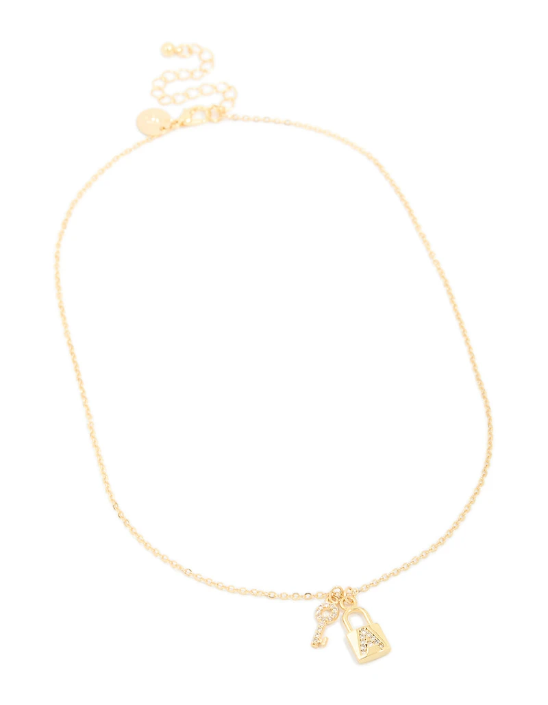 Gold Plated Cubic Zirconia Lock & Key Letter A Necklace
