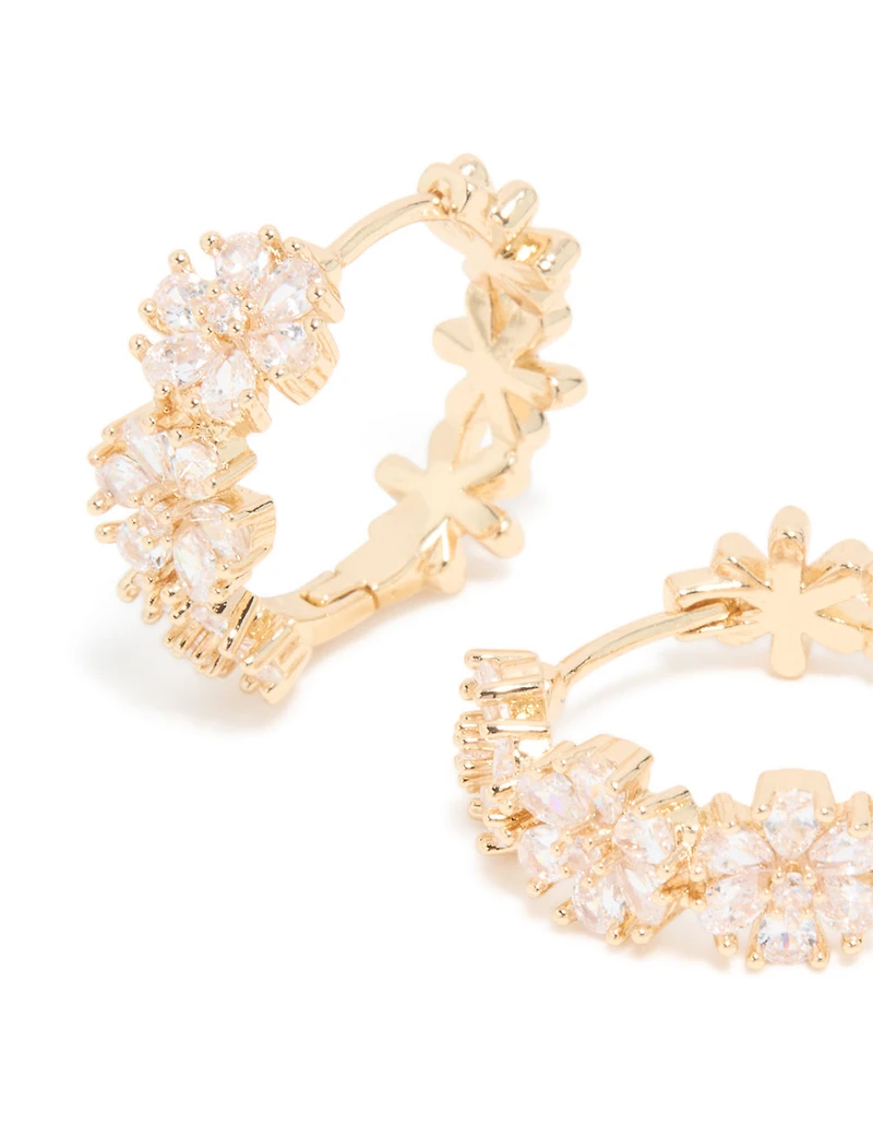 Gold Cubic Zirconia Floral Hoop Earrings