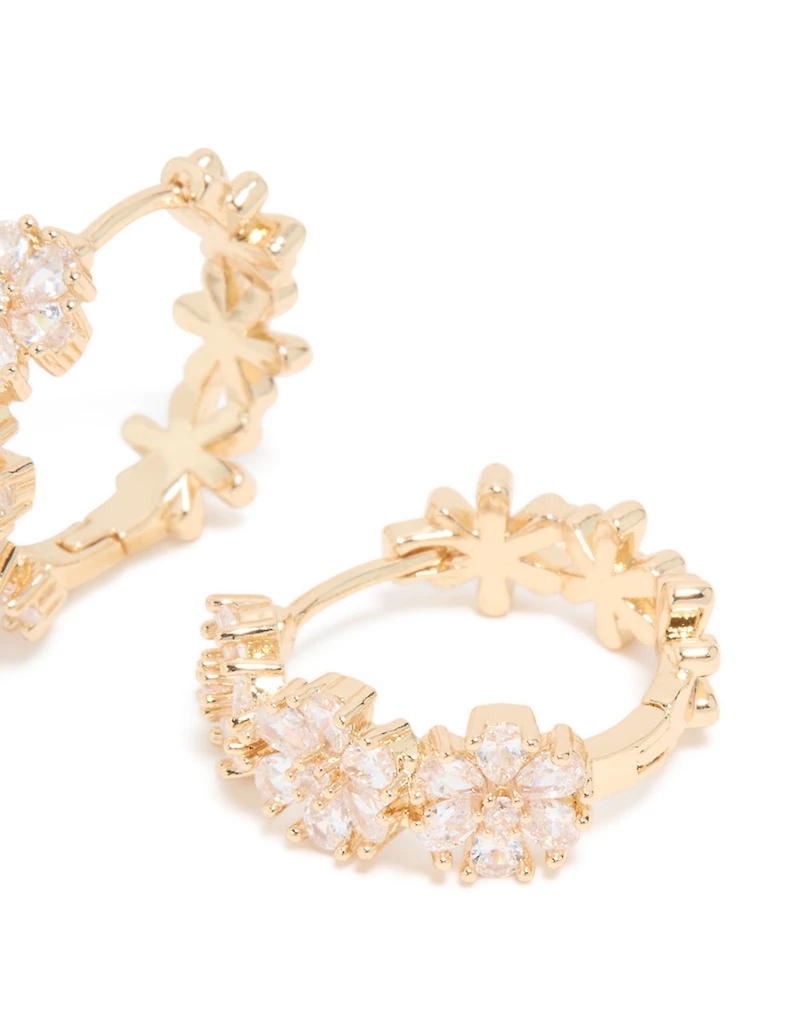 Gold Cubic Zirconia Floral Hoop Earrings