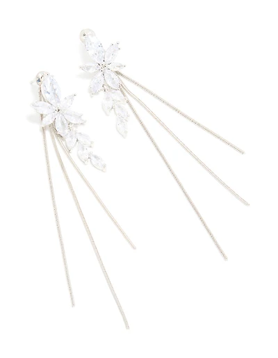 Silver Diamante Flower Triple Chain Drop Earrings