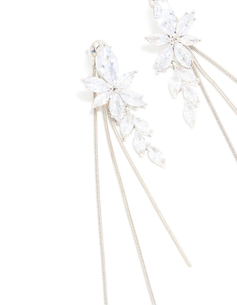 Silver Diamante Flower Triple Chain Drop Earrings