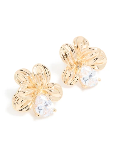 Gold Cubic Zirconia Large Flower Stud Earrings