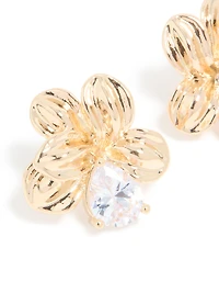 Gold Cubic Zirconia Large Flower Stud Earrings