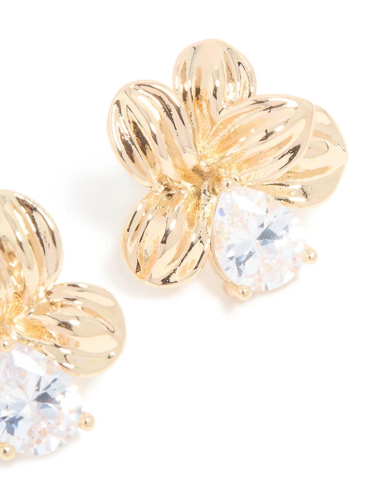Gold Cubic Zirconia Large Flower Stud Earrings