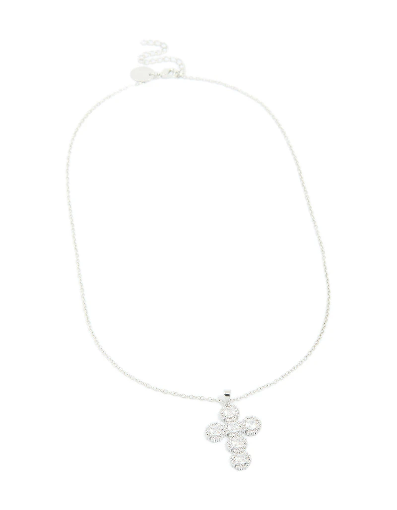 Silver Round Cubic Zirconia Cross Pendant Necklace
