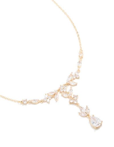 Gold Cubic Zirconia Floral Pear Y-Necklace