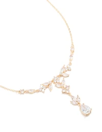 Gold Cubic Zirconia Floral Pear Y-Necklace