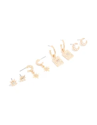 Gold Cubic Zirconia Celestial Hoop & Stud Earrings 4-Pack