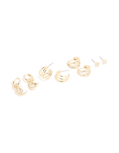 Gold Diamante Layered Hoop & Celestial Earrings 4-Pack