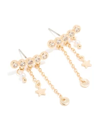 Gold Cubic Zirconia Long Stud Pearl & Star Charm Earrings