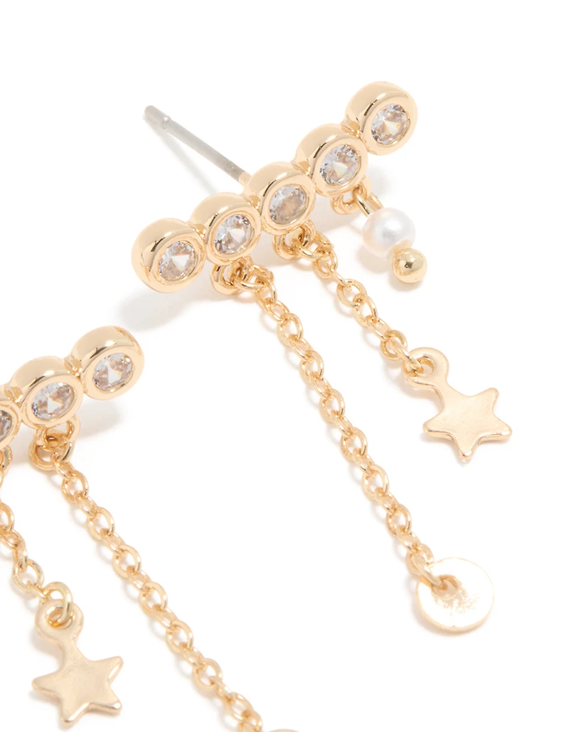 Gold Cubic Zirconia Long Stud Pearl & Star Charm Earrings