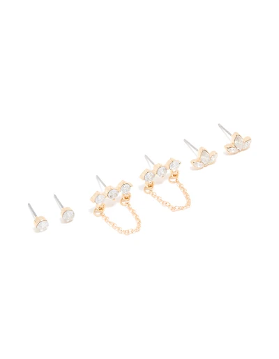 Gold Cubic Zirconia Stud & Chain Earrings 3-Pack