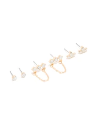 Gold Cubic Zirconia Stud & Chain Earrings 3-Pack