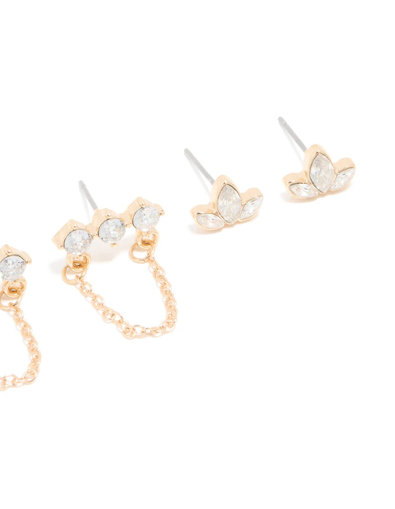 Gold Cubic Zirconia Stud & Chain Earrings 3-Pack