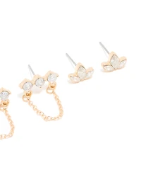Gold Cubic Zirconia Stud & Chain Earrings 3-Pack