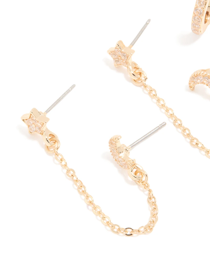 Gold Cubic Zirconia Celestial Chain Double & Huggie Earrings Pack