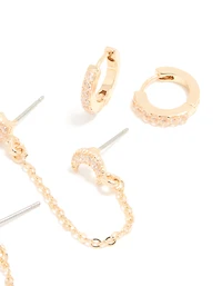 Gold Cubic Zirconia Celestial Chain Double & Huggie Earrings Pack
