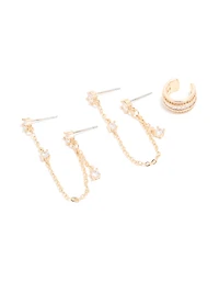 Gold Cubic Zirconia Double Chain Earrings & Ear Cuff 3-Pack