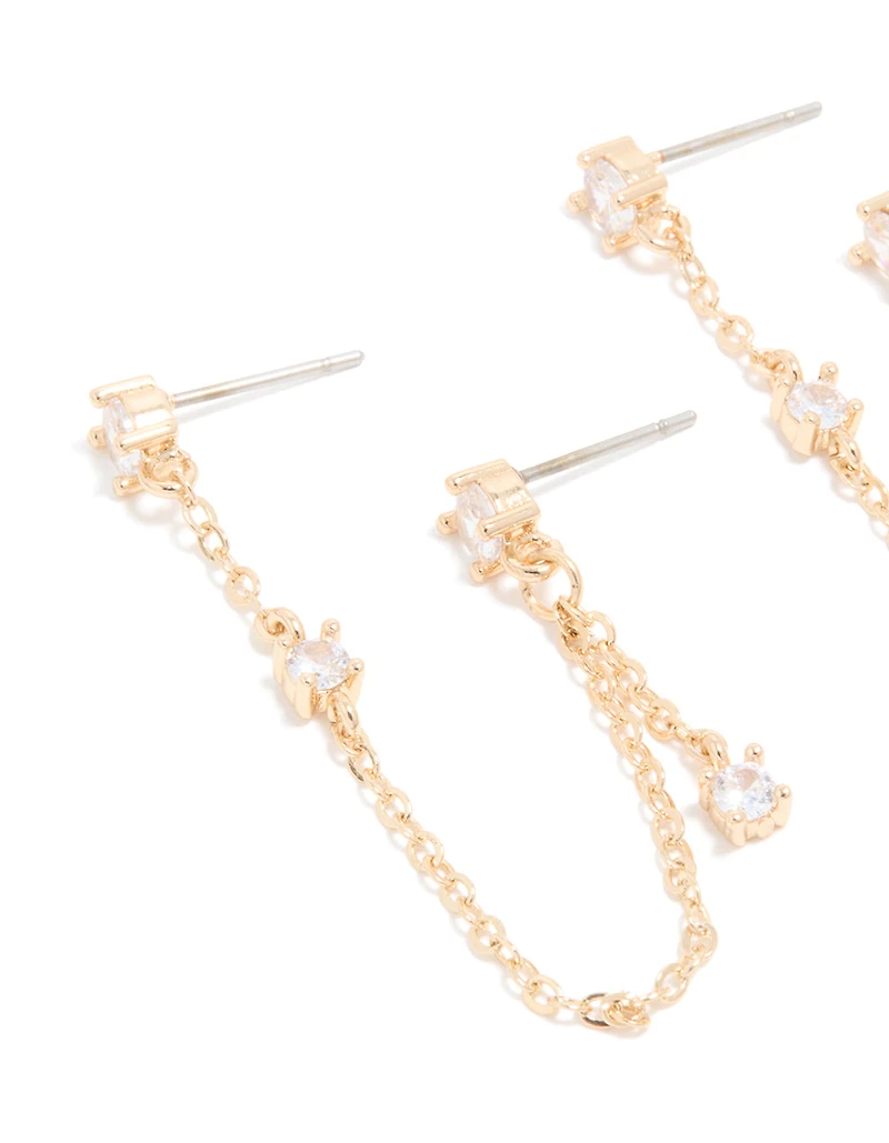 Gold Cubic Zirconia Double Chain Earrings & Ear Cuff 3-Pack