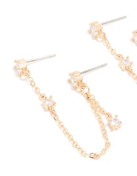 Gold Cubic Zirconia Double Chain Earrings & Ear Cuff 3-Pack