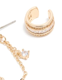 Boucles d’oreilles doubles en zircone cubique dorées et bracelet d’oreilles 3-pack