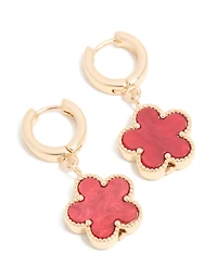 Gold Red Flower Drop Huggie Earrings