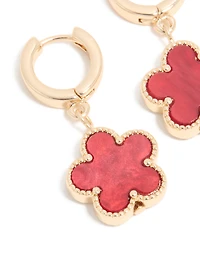 Gold Red Flower Drop Huggie Earrings