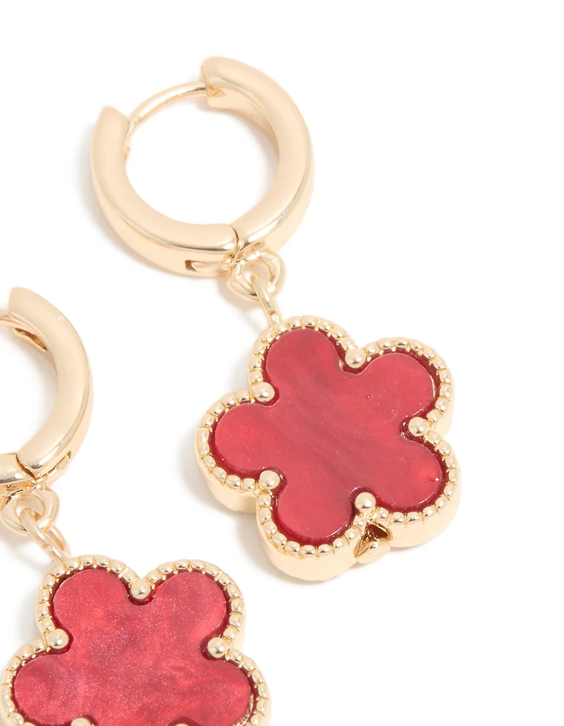 Gold Red Flower Drop Huggie Earrings