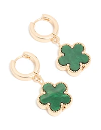 Gold Green Flower Drop Huggie Earrings