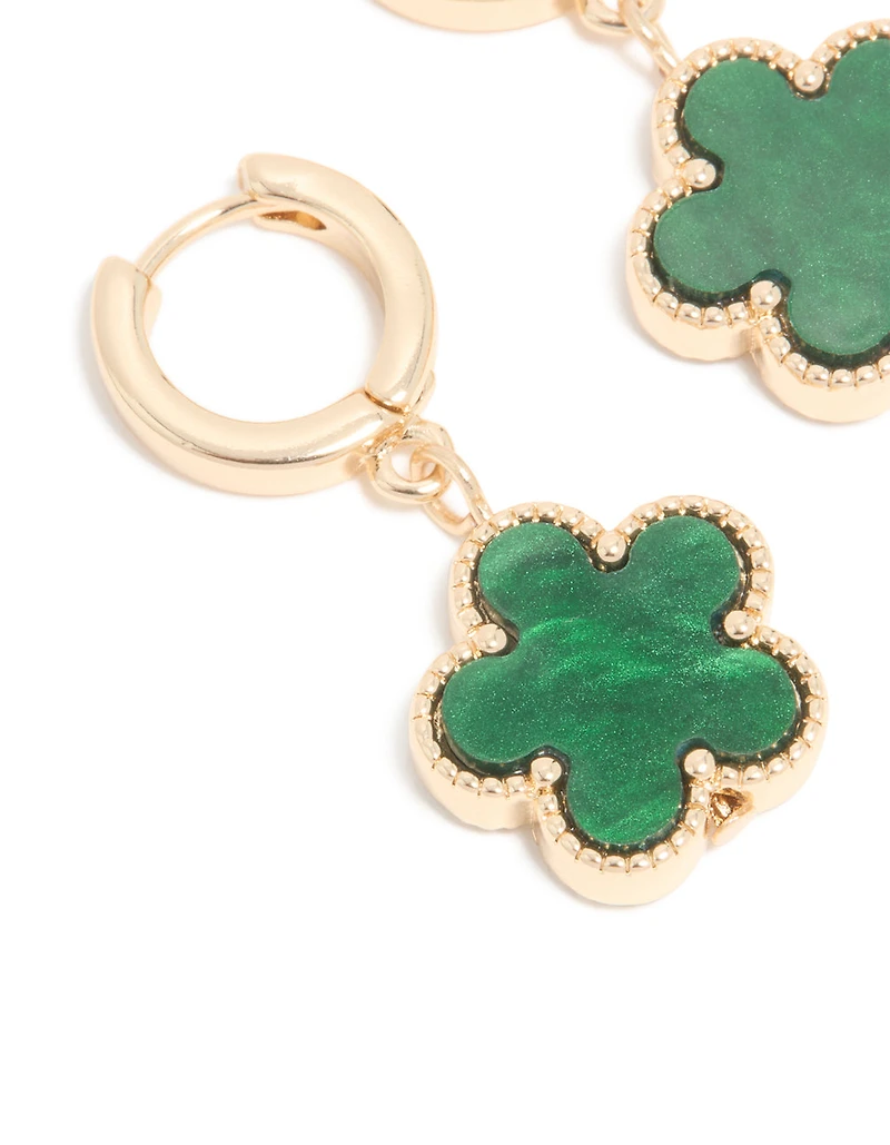 Gold Green Flower Drop Huggie Earrings