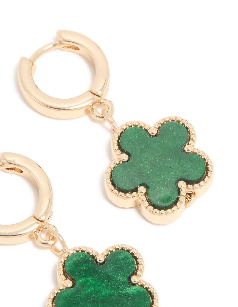 Gold Green Flower Drop Huggie Earrings