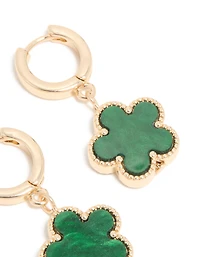 Gold Green Flower Drop Huggie Earrings