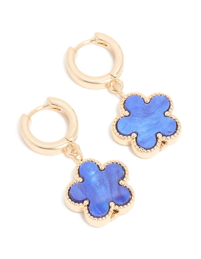 Gold Blue Flower Drop Huggie Earrings
