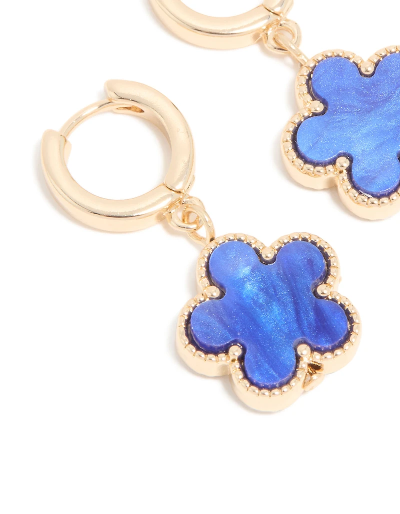Gold Blue Flower Drop Huggie Earrings
