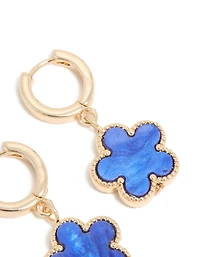 Gold Blue Flower Drop Huggie Earrings