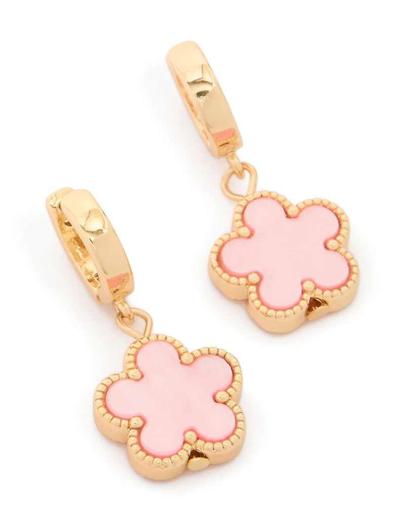 Gold Light Pink Flower Drop Huggie Earrings