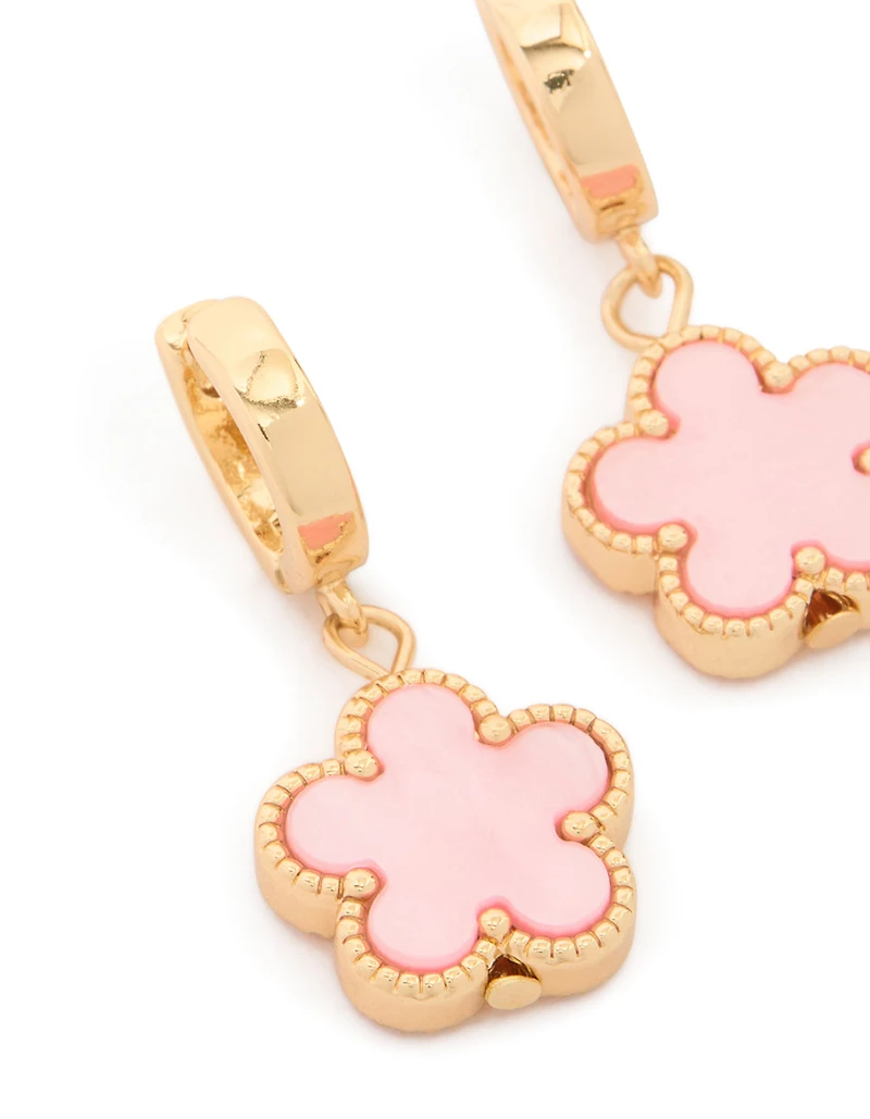 Gold Light Pink Flower Drop Huggie Earrings