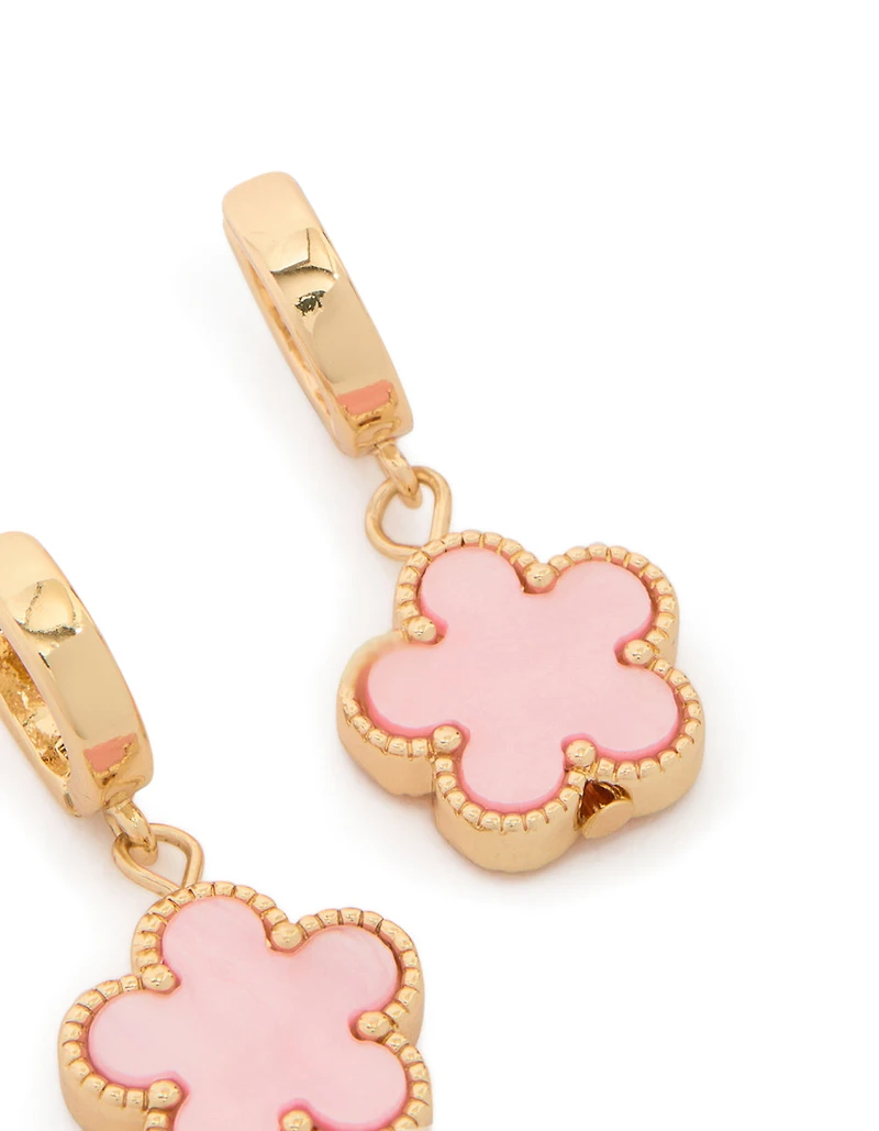 Gold Light Pink Flower Drop Huggie Earrings