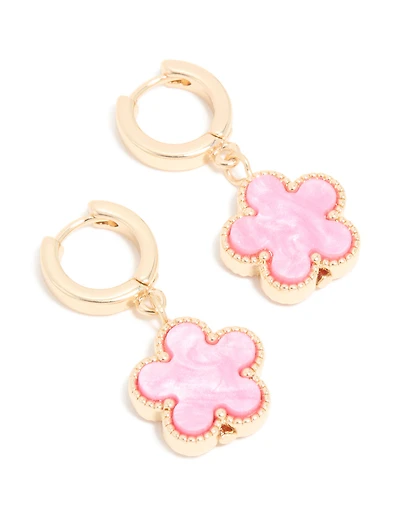 Gold Pink Flower Drop Huggie Earrings