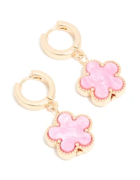 Gold Pink Flower Drop Huggie Earrings