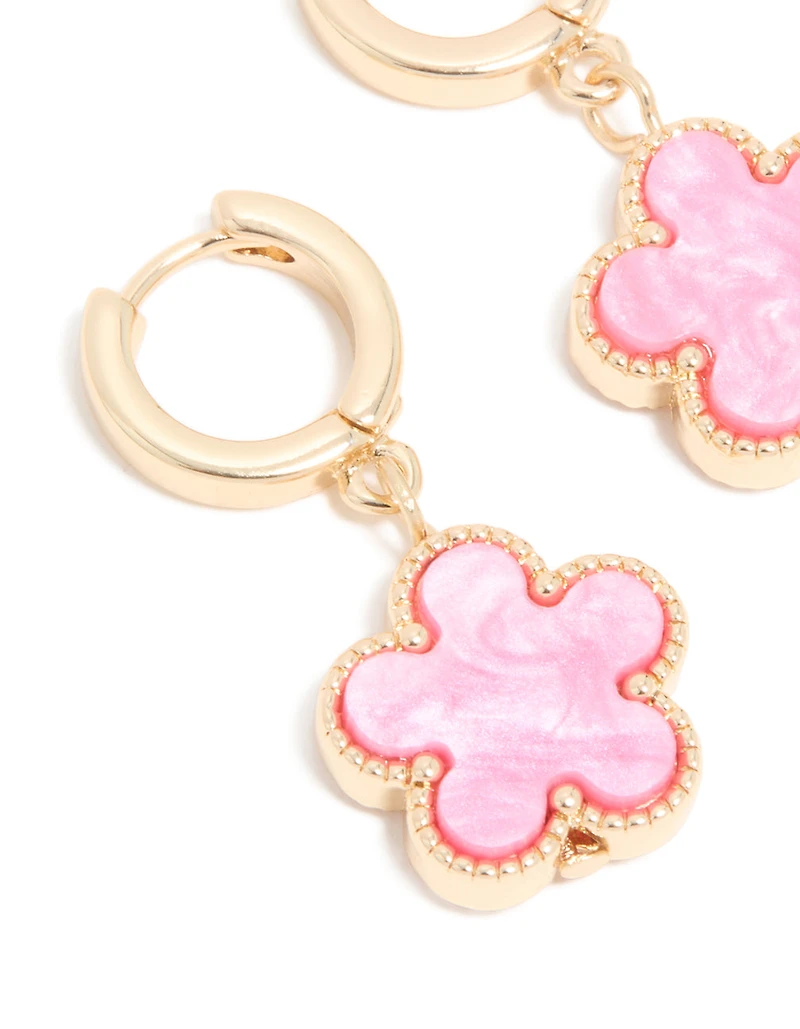 Gold Pink Flower Drop Huggie Earrings