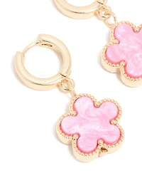 Gold Pink Flower Drop Huggie Earrings