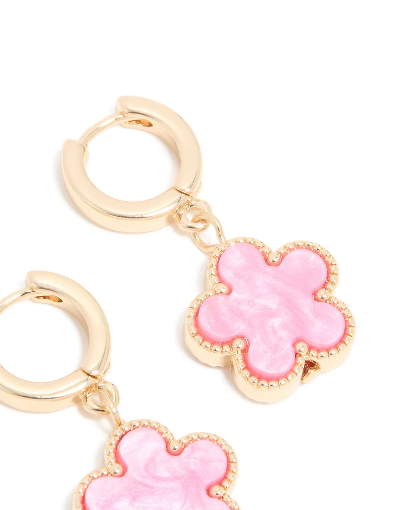 Gold Pink Flower Drop Huggie Earrings