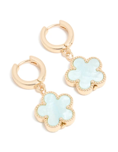 Gold Light Blue Flower Drop Huggie Earrings