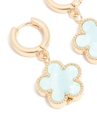 Gold Light Blue Flower Drop Huggie Earrings