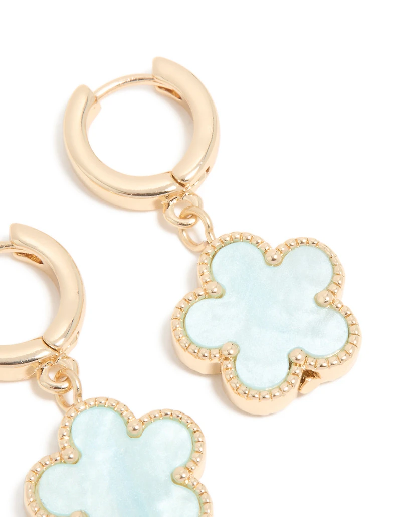 Gold Light Blue Flower Drop Huggie Earrings