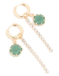 Gold Green Stone & Diamante Drop Chain Huggie Earrings