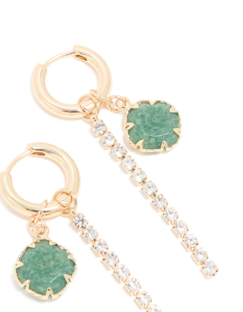 Gold Green Stone & Diamante Drop Chain Huggie Earrings