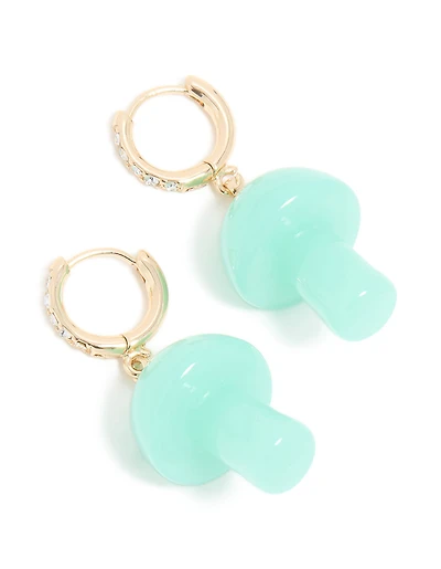 Gold Blue Mushroom Drop Huggie Earrings