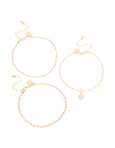 Gold Cubic Zirconia Tennis, Chain & Heart Anklets 3-Pack